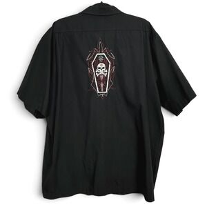 Johnny Suede Mens XL Black Coffin Skull Embroidered Button Down Shirt Rockabilly